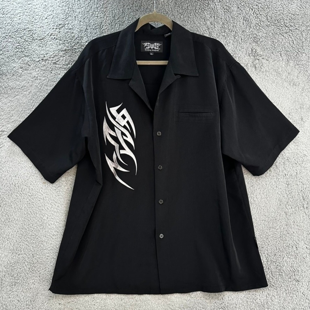 Dragonfly Clothing Mens XL Black Tribal Embroidered Y2K Button Down Shirt EUC